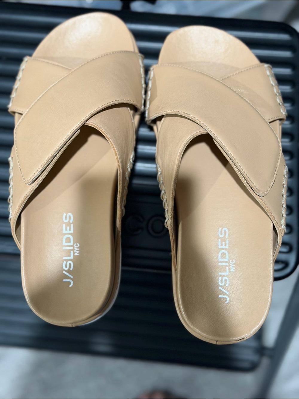 J Slides Neutral Tan Leather Cross-Strap Slide Sandals